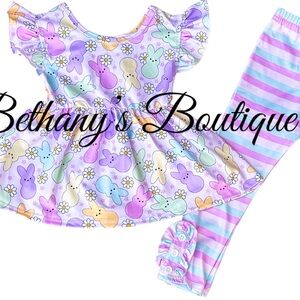 Colorful Bunny Print Dress and Leggings Set